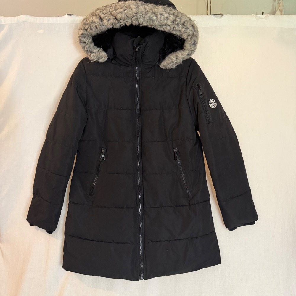 Nautica Womens Black Quilted Puffer Coat Faux Fur Hood Winter Jacket 1983 Patch